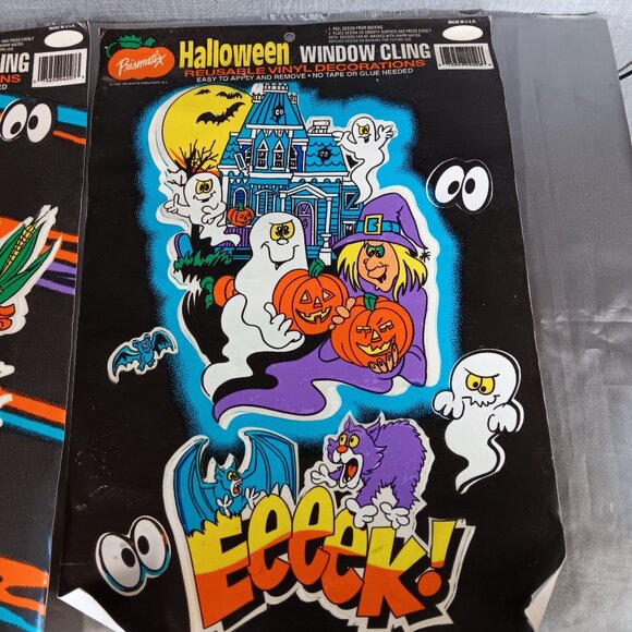 VTG 1993 Halloween Window Clings Lot Set Prismatix Ghost Witch Scarecrow Bats - Picture 9 of 12